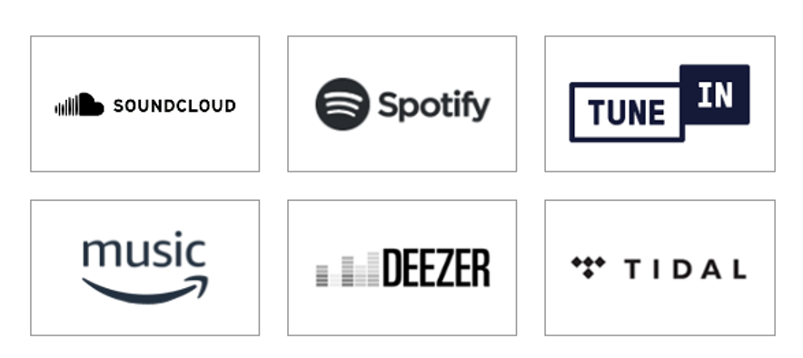 soundcloud, spotify, tunein, music, deezer, and tidal logos