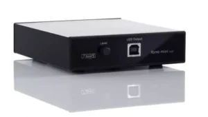 A Rega fono mini A2D phono preamplifier, a compact device designed to connect a turntable to a computer or other digital audio device.
