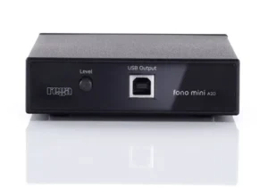 A Rega fono mini A2D phono preamplifier, a compact device designed to connect a turntable to a computer or other digital audio device.