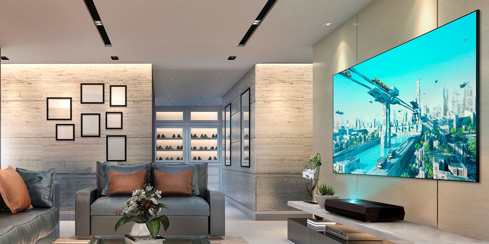 A projector and projector and projector screen being used in a modern living room.