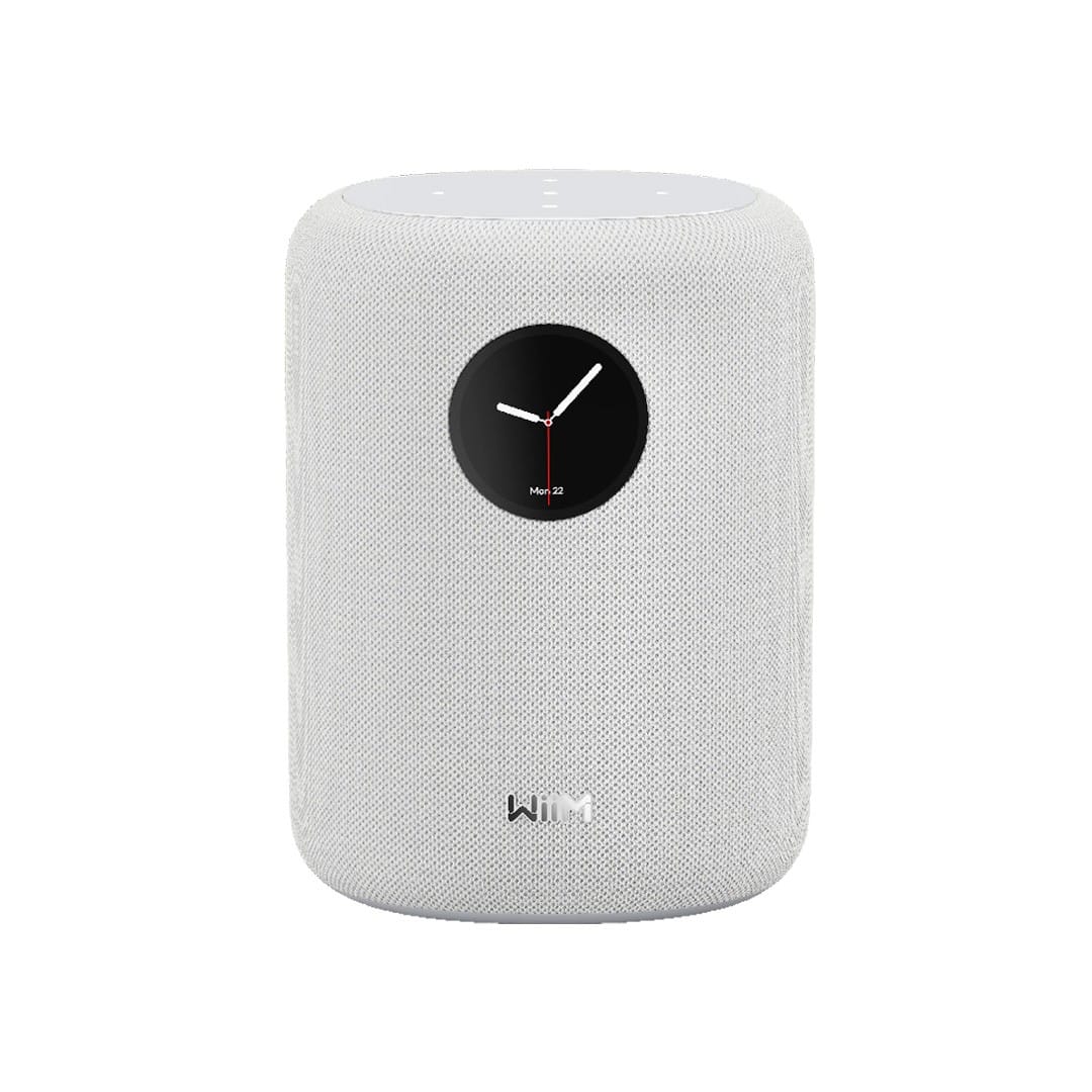 WiiM Sound Wireless Speaker in white with screen showing clock hands