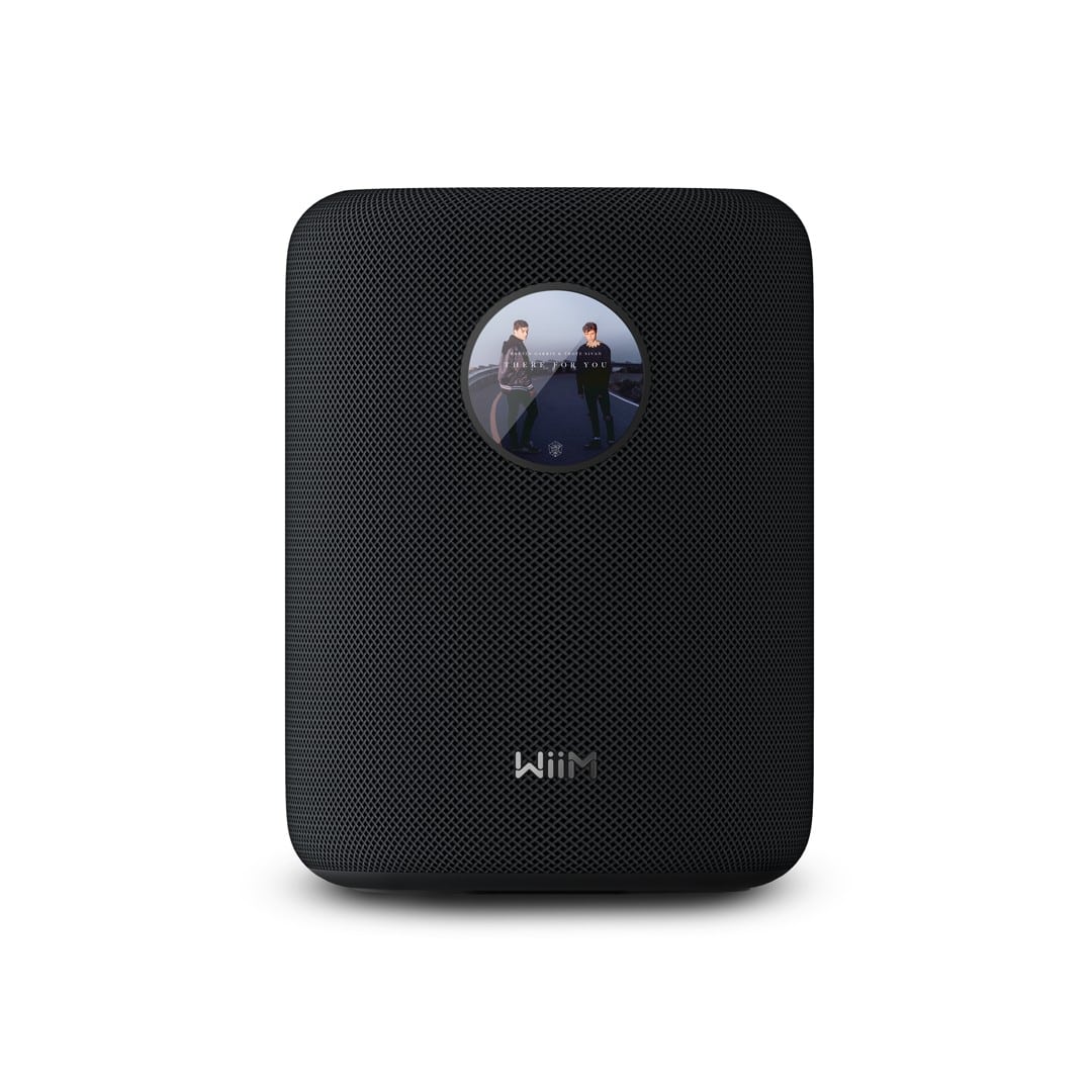 WiiM Sound Wireless Speaker in black with screen showing album artwork