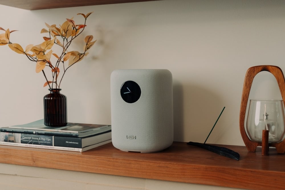 WiiM Sound Wireless Speaker in white on a shelf with books and a plant