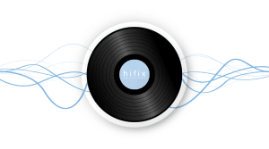 A vinyl with the hifix logo, displayed on a white background with blue soundwaves coming out of the sides of the vinyl.