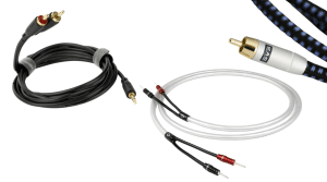 Phone cables, speaker cables, and RCA connectors for hi-fi systems.