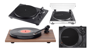 Images of core turntables for core systems, containing the Rega Planar 1, Audio-technica Hi-Fi turntable, Audio-technica USB Wireless turntable, and the Teac bluetooth turntable.