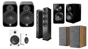 An image of several different speakers for Hi-Fi turntable systems. Consisting of the Q Acoustics bookshelf speakers, Klipsch The Five active speakers, Kanto YU6 powered bookshelf speakers, SVS Ultra bookshelf speakers, and the Acoustic Energy AE120 2.