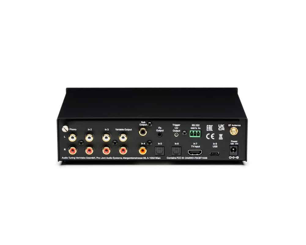 Project Pre Box S3 Pre Amplifier in black back view with inputs