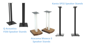 Photos of the Q Acoustics FS50 Speaker stands, Atacama Moseco 5 Speaker Stands, and the Kanto SP32 Speaker stands all next to each other.