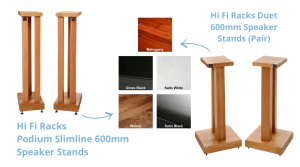 Photos of both the Hi Fi Racks Podium Slimline 600m Speak Stand and Duet 600m Speaker Stands, with arrows pointing to the finishes in the middle, such as mahogany, gloss black, satin white, walnut, and satin black.