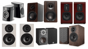 A selection of bookshelf speakers in red, white, and black from HiFix